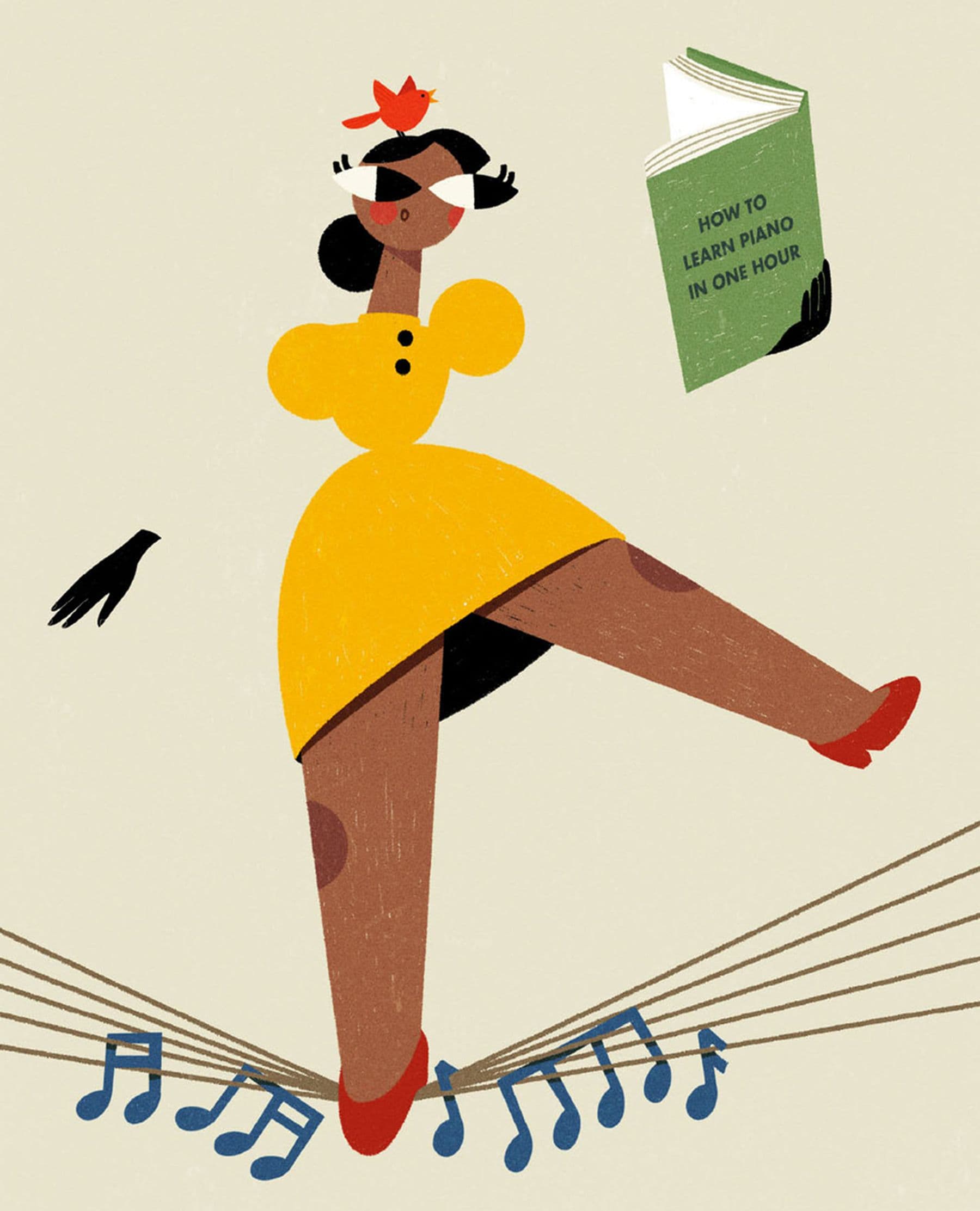 An illustrated image of a character wearing a yellow dress and red shoes, with a bun hairstyle and a red bird perched on top of their head. They are standing on a musical stave, their foot squashing the lines together, and musical notes are falling inward. They are reading a book titled: How to Learn Piano in One Hour.