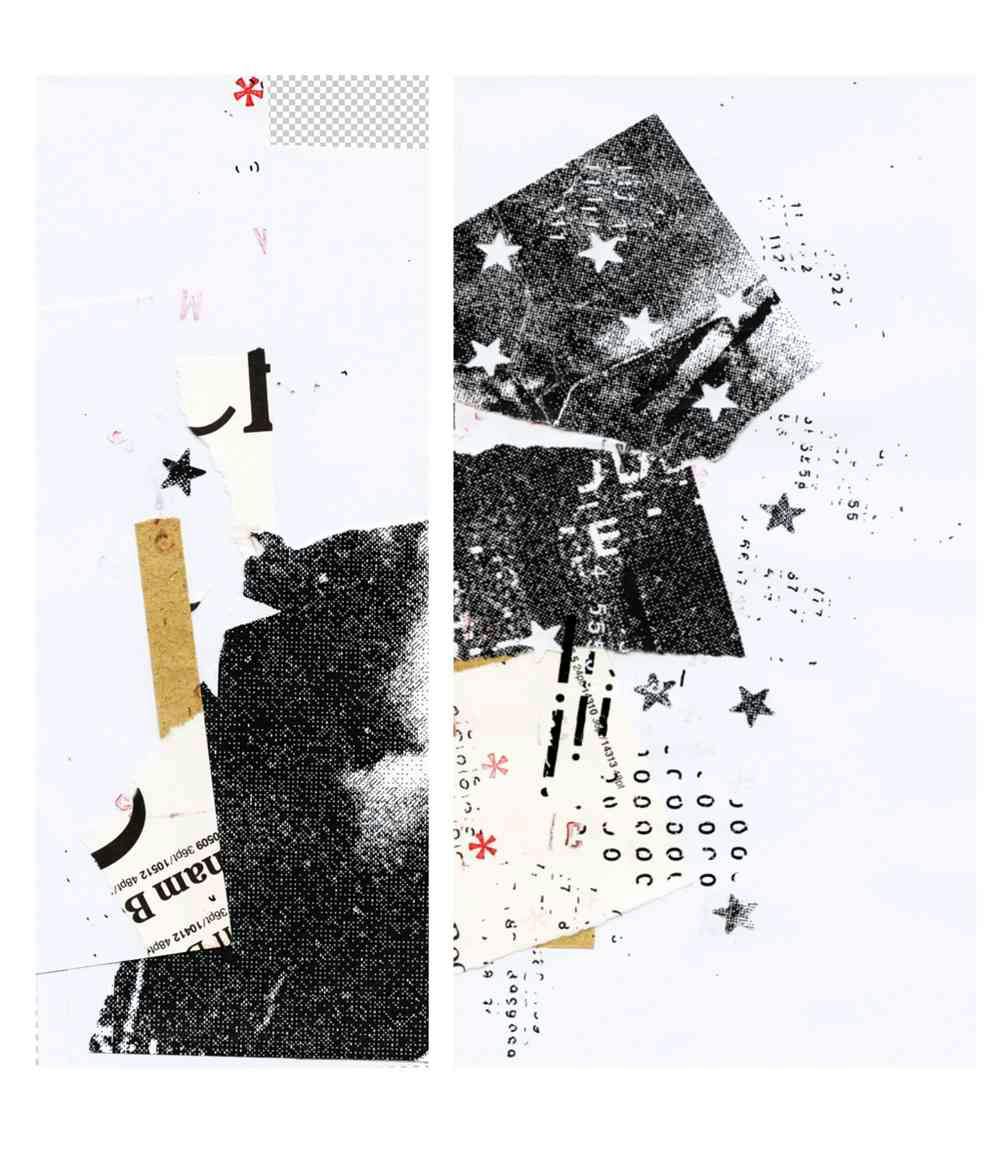 Two digital designs with a collage type effect next to each other. The main colours are black and white with specks of light brown. There are snippets of different text and patterns beside each other.