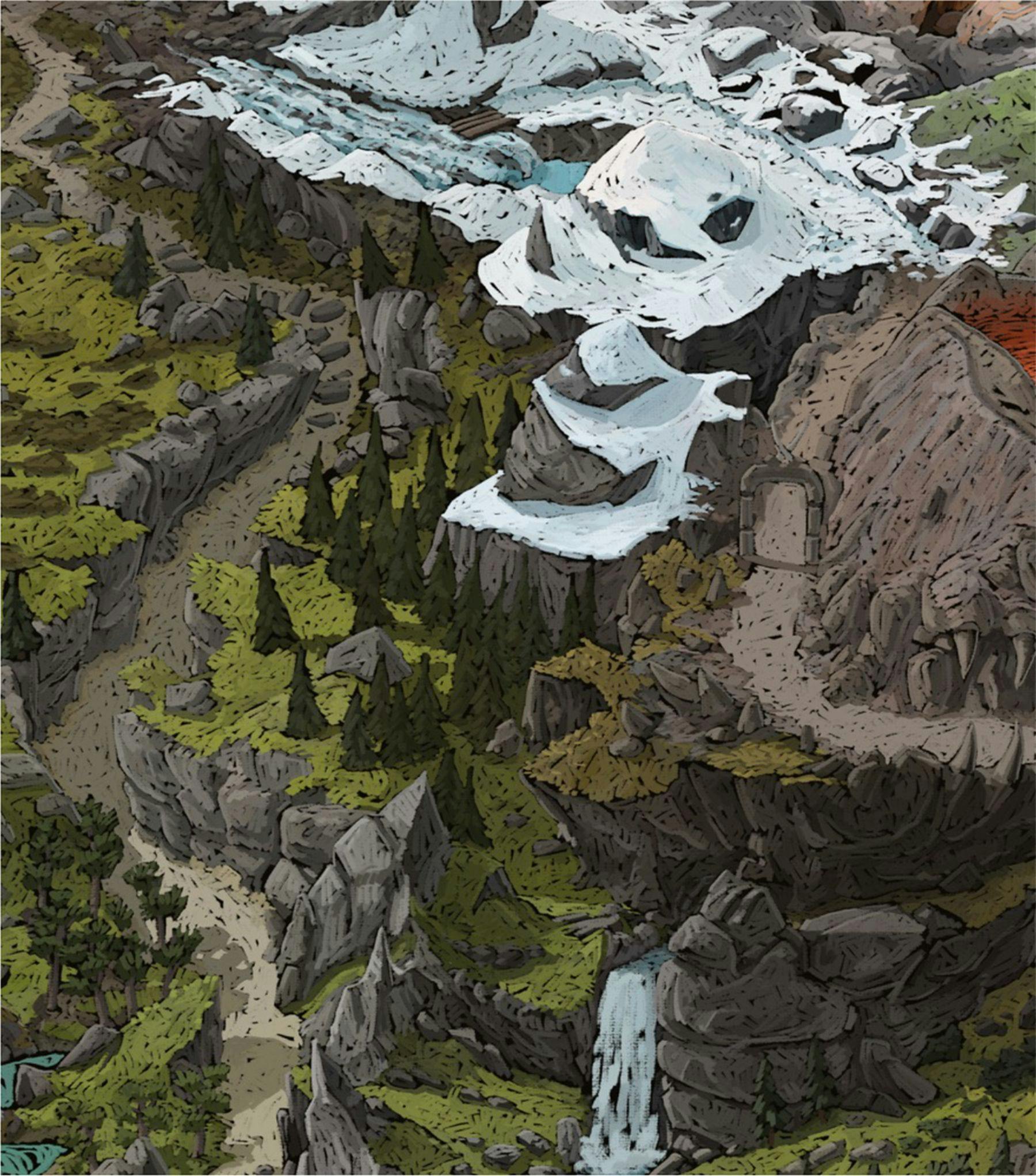 Digital drawing of a rocky patch of land. The grey rocks are dappled with white and green. Between the rocks lies a winding path, a waterfall and some green trees.