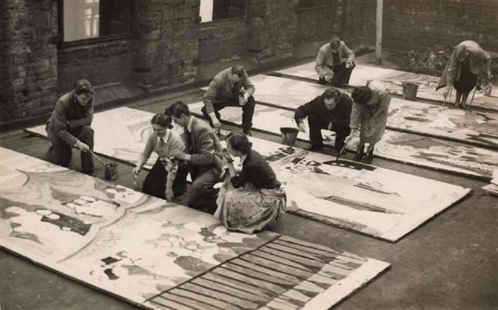 Students painting the decorative slats for the Bohemian Arts Ball at the Town Hall. Photograph courtesy of Janet and Louis Wilde.