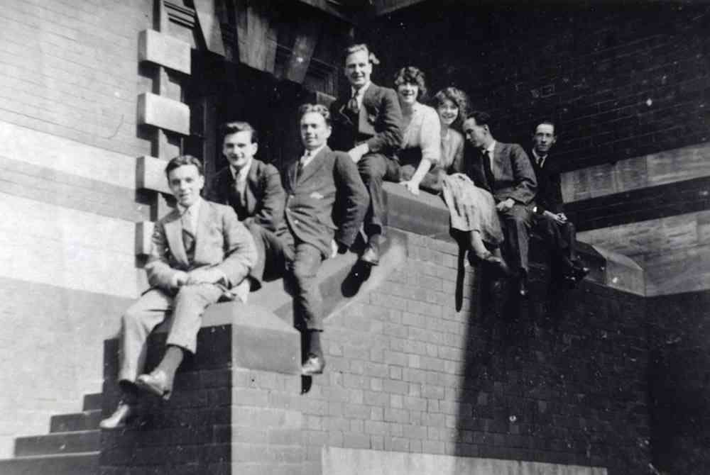 Drawing exam students on the steps of our Vernon Street building. From Left to right: Unknown, George Stevenson, Raymond Coxon, Henry Moore, Dorothy White Connie Castle, Harry Taylor, Geoffrey Kniveton. Photograph courtesy of George Stevenson.