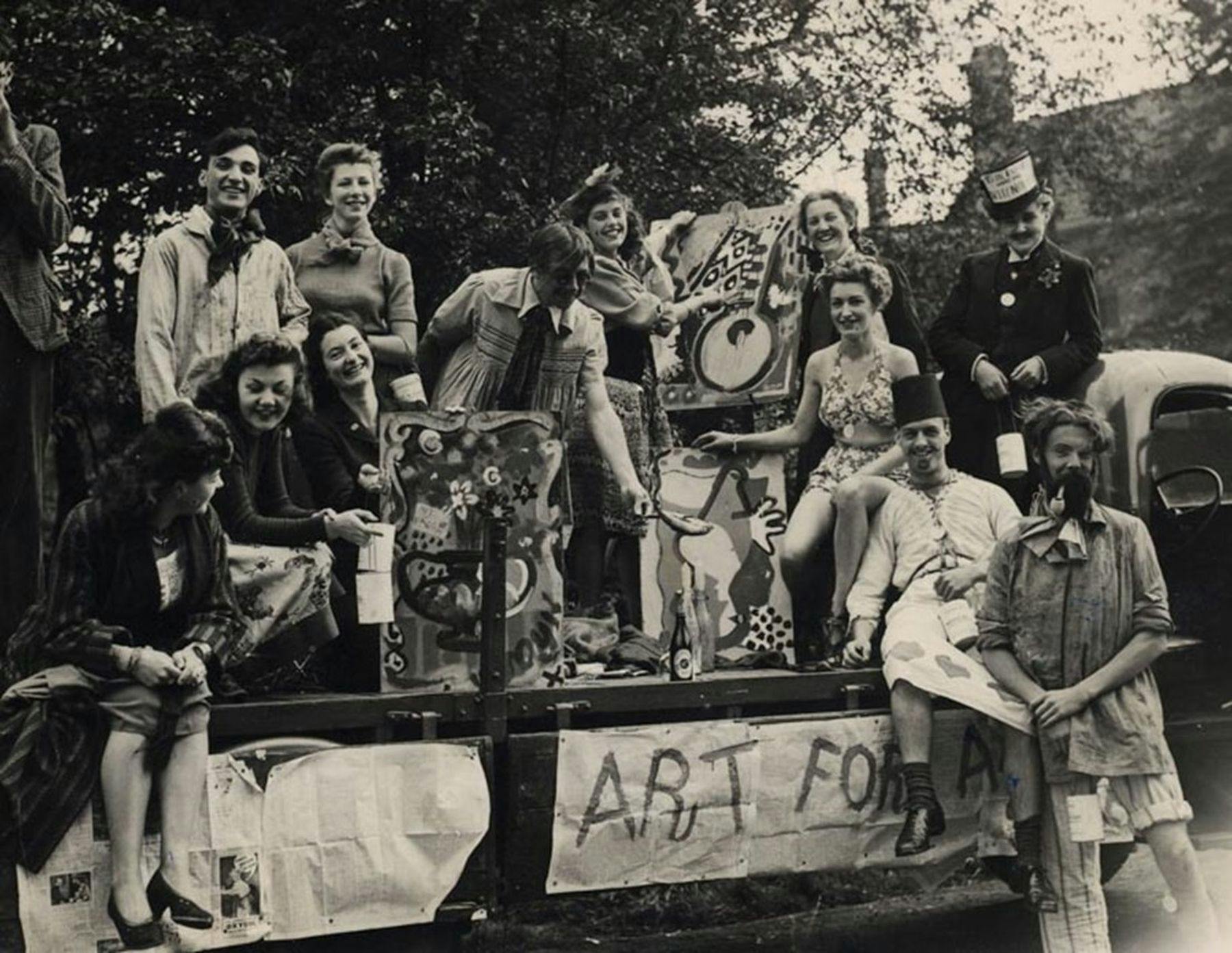 Rag Day 30 June 1946. Amongst the students are: Joyce Fountain, Ray Garstang, Peggy, Lesley, Ken Lockwood, Mary Payne, Chris Morris, Olga Platte. Photograph courtesy of Margaret Bostwick who attended from 1946-51.