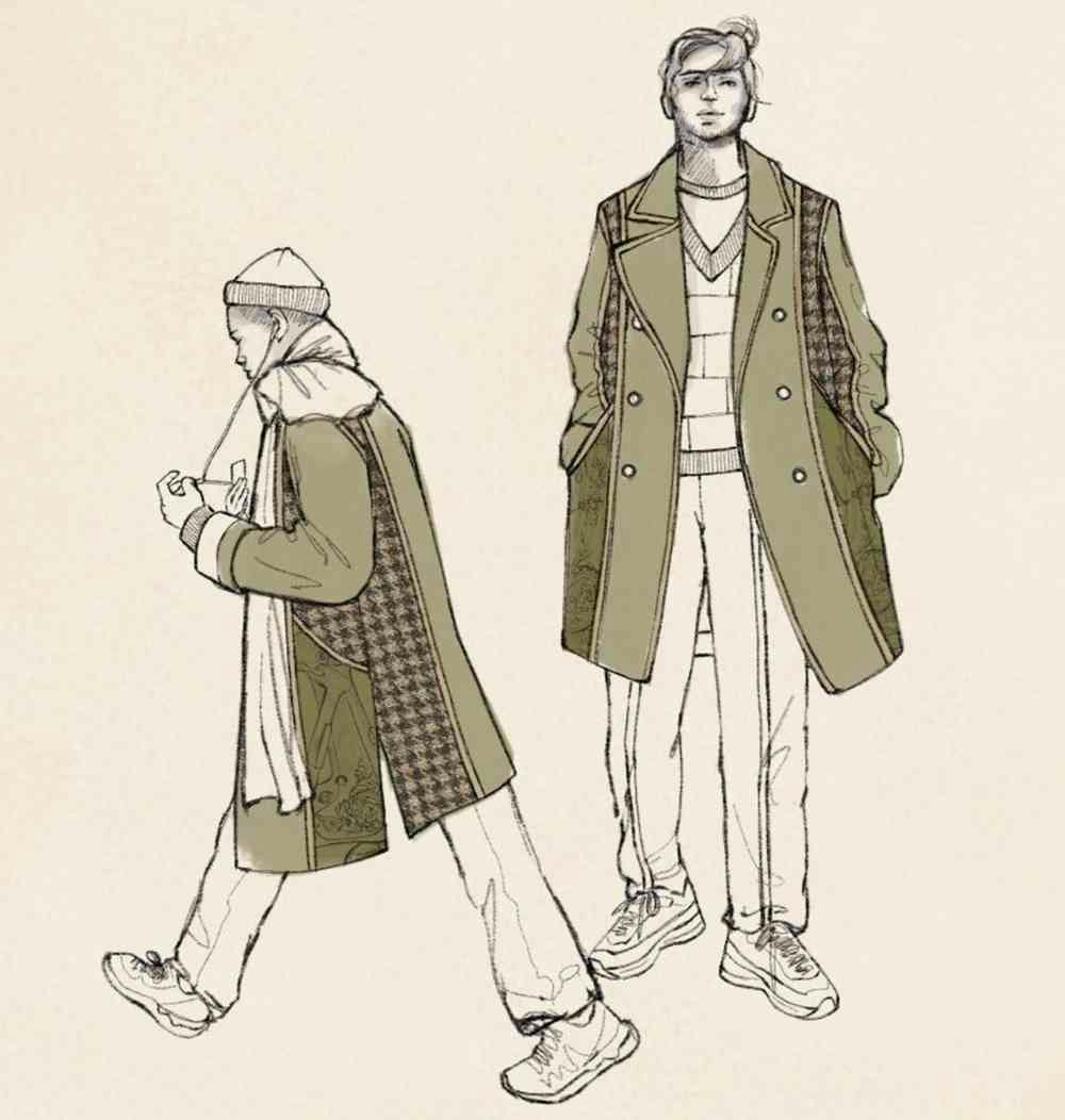 Two combined digital and pencil sketches of models. Both are wearing a long green jacket with white trousers and trainers. One is walking while wearing headphones, a white scarf and hat. The other is standing straight, their white jumper visible behind their coat.