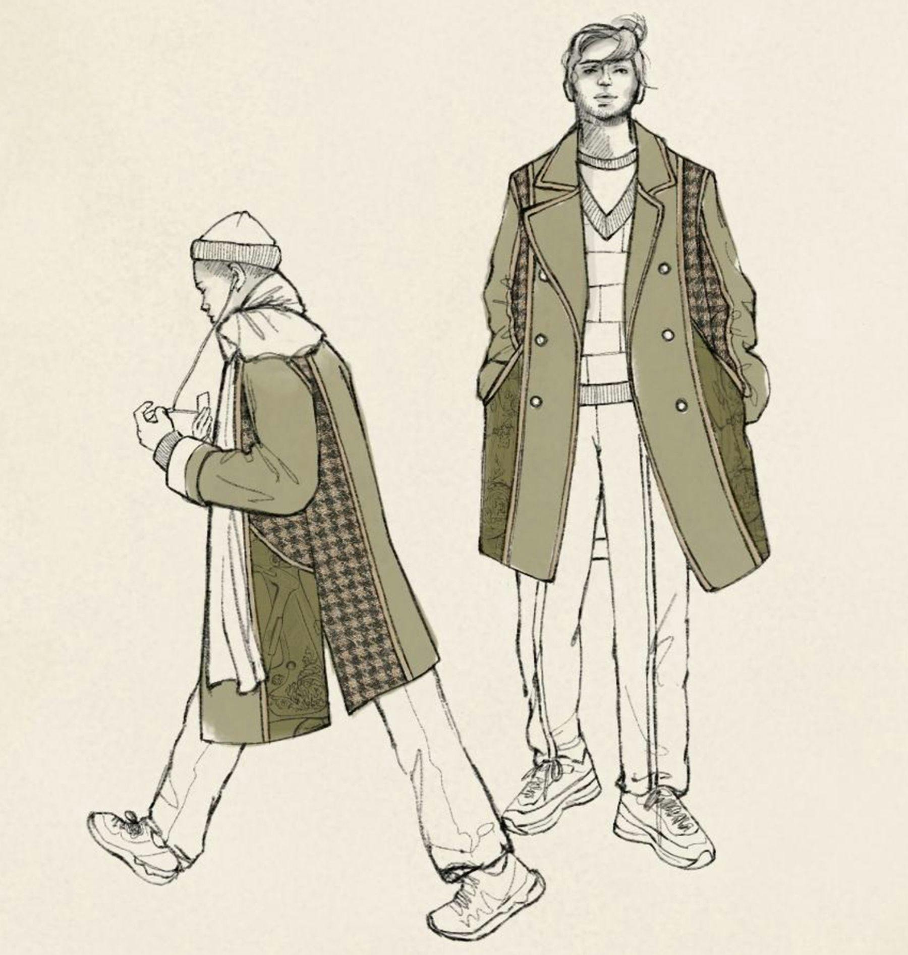 Two combined digital and pencil sketches of models. Both are wearing a long green jacket with white trousers and trainers. One is walking while wearing headphones, a white scarf and hat. The other is standing straight, their white jumper visible behind their coat.