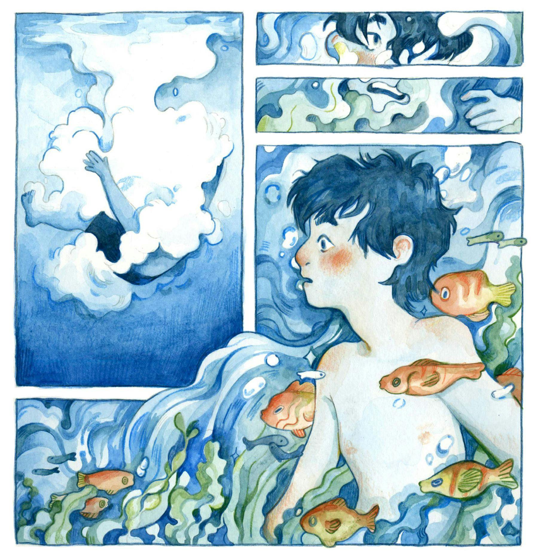 A colourful illustration of different images, set out in a comic book style. The largest image is of a person immersed in the sea surrounded by goldfish and seaweed. The image in the left corner shows an arm and leg reaching out and the image in the right corner shows a face with a pained expression immersed in the water.