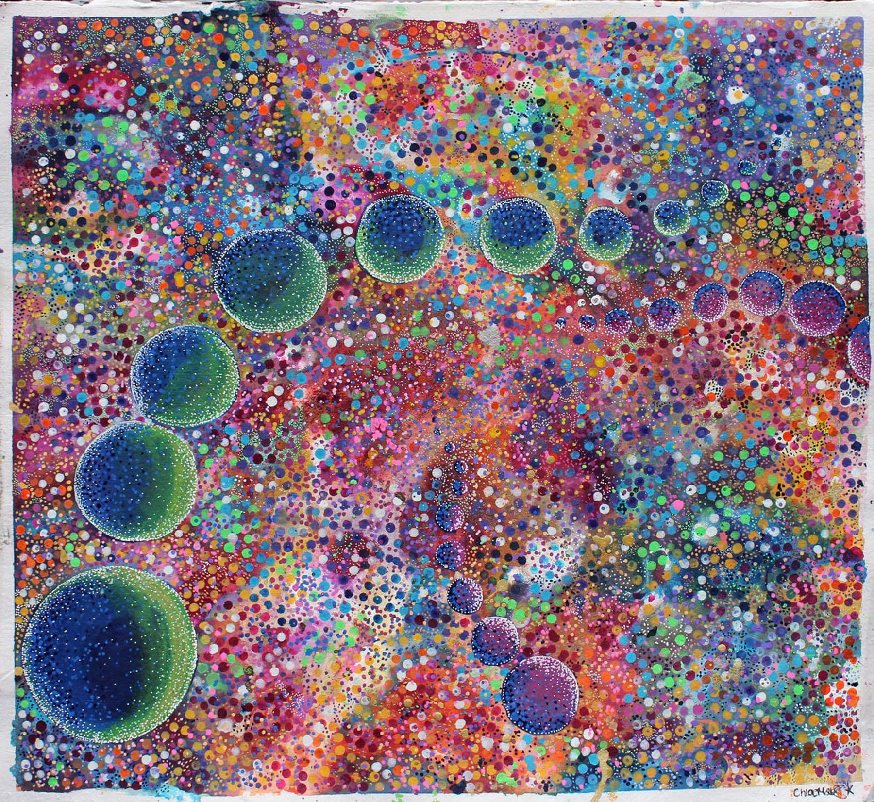 Colourful abstract painting with a spiral of multicoloured, dotted circles on a vibrant, textured background of various hues.