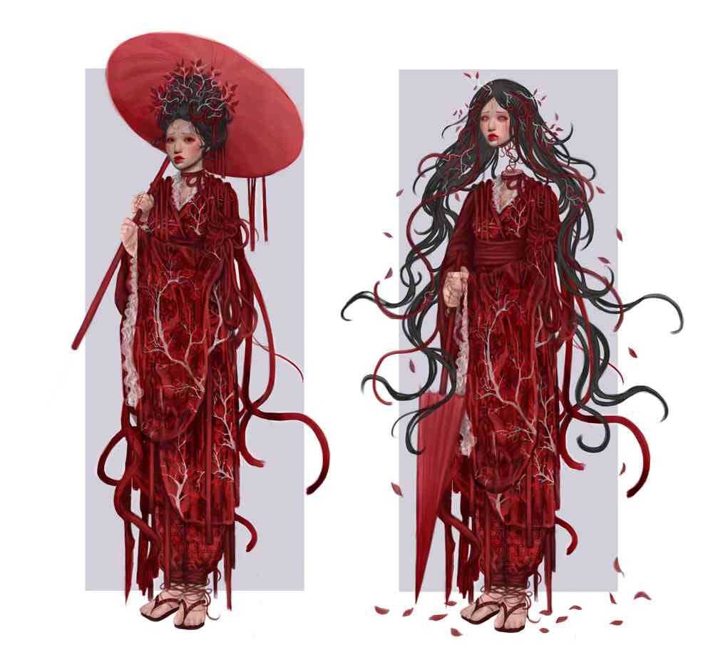 Two illustrations of a person wearing a long red dress with wide sleeves and vine-like tendrils. In the first image they hold a red parasol over their head and their hair is up and woven with red tendrils and leaves. In the second image their hair is loose, their head is severed and floating above their body and blood appears from their eyes and mouth.