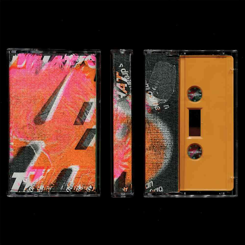 A digital design of a cassette tape cover.The first image shows the tape cover with a large orange and pink “A”, the second image shows the middle of the tape cover. The third image shows the back of a tape cover with an orange tape inside.