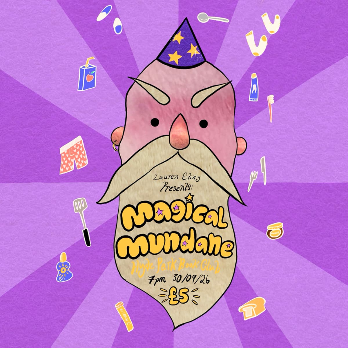 Illustrated poster for "Magical Mundane" event featuring a wizard surrounded household items, purple background, and event details for 30/09/26.