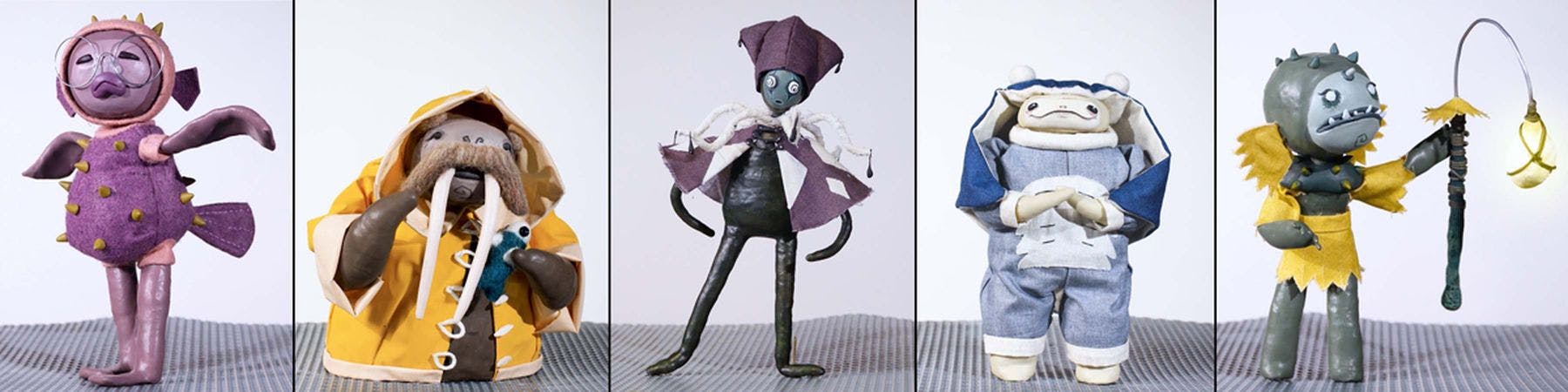 A collage of five models of anthropomorphic sea creatures creatures, all wearing clothes.