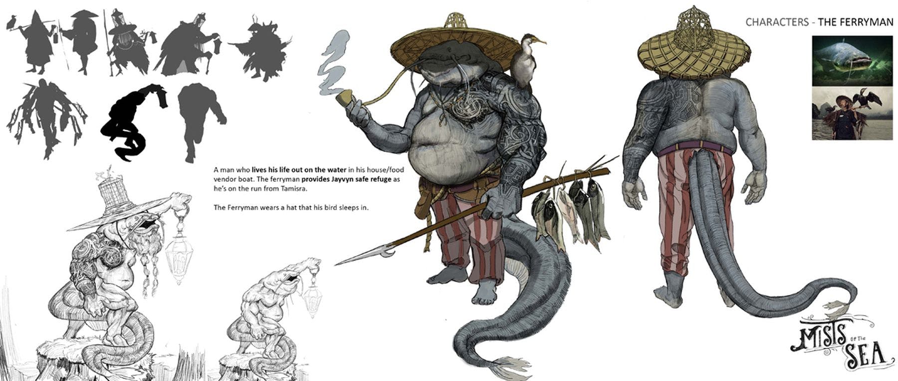 Illustrations of a character called The Ferryman, showing a front and back view and some development sketches. They are a blue/grey colour, have a long fish-like tale and are wearing a brown straw hat and red striped trousers. The text reads: A man who lives his life out on the water in his house/food vendor boat. The ferryman provides Jayvyn safe refuge as he's on the run from Tamisra. The Ferryman wears a hat that his bird sleeps in.