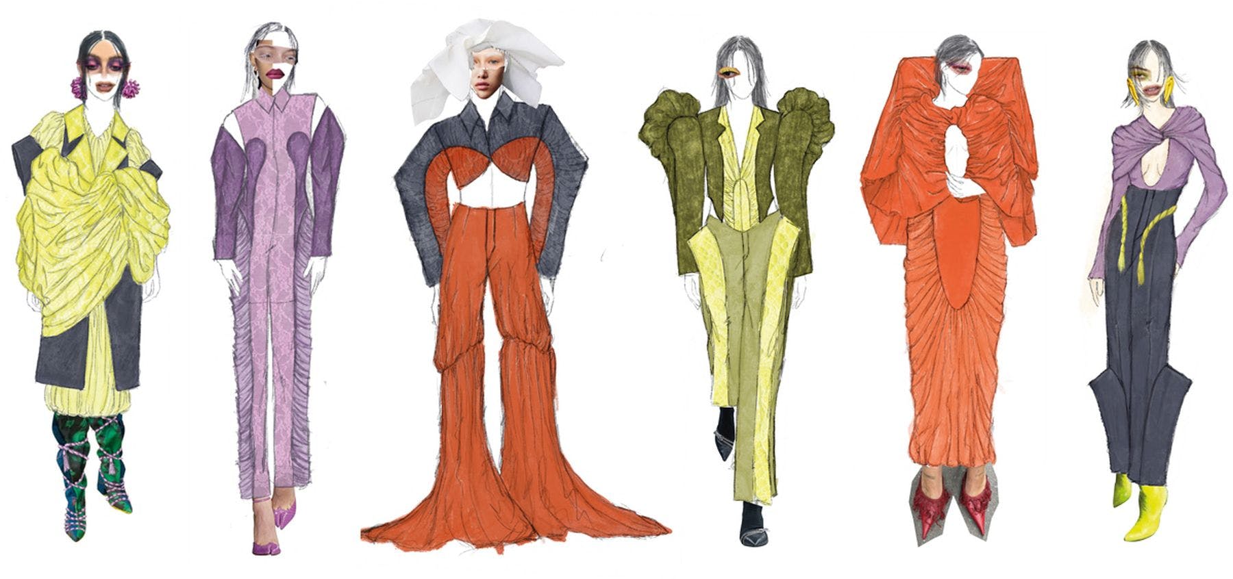 A series of design drawings with collage featuring models wearing different outfits. These include dresses, jackets, trousers, tops in lilacs, yellows, oranges and greens.