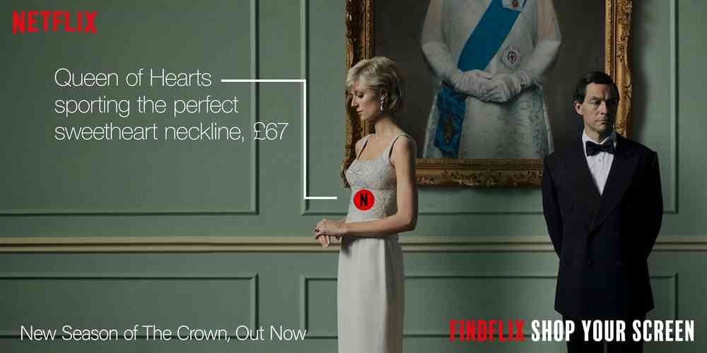 A still image from the Netflix series The Crown. Princess Diana stands against a sage green wall in an ivory dress with a red Netflix logo on the top. An arrow points to the logo and the text reads Queen of Hearts sporting the perfect sweetheart neckline, £69. In the bottom left red and white uppercase text reads FindFlix Shop Your Screen.
