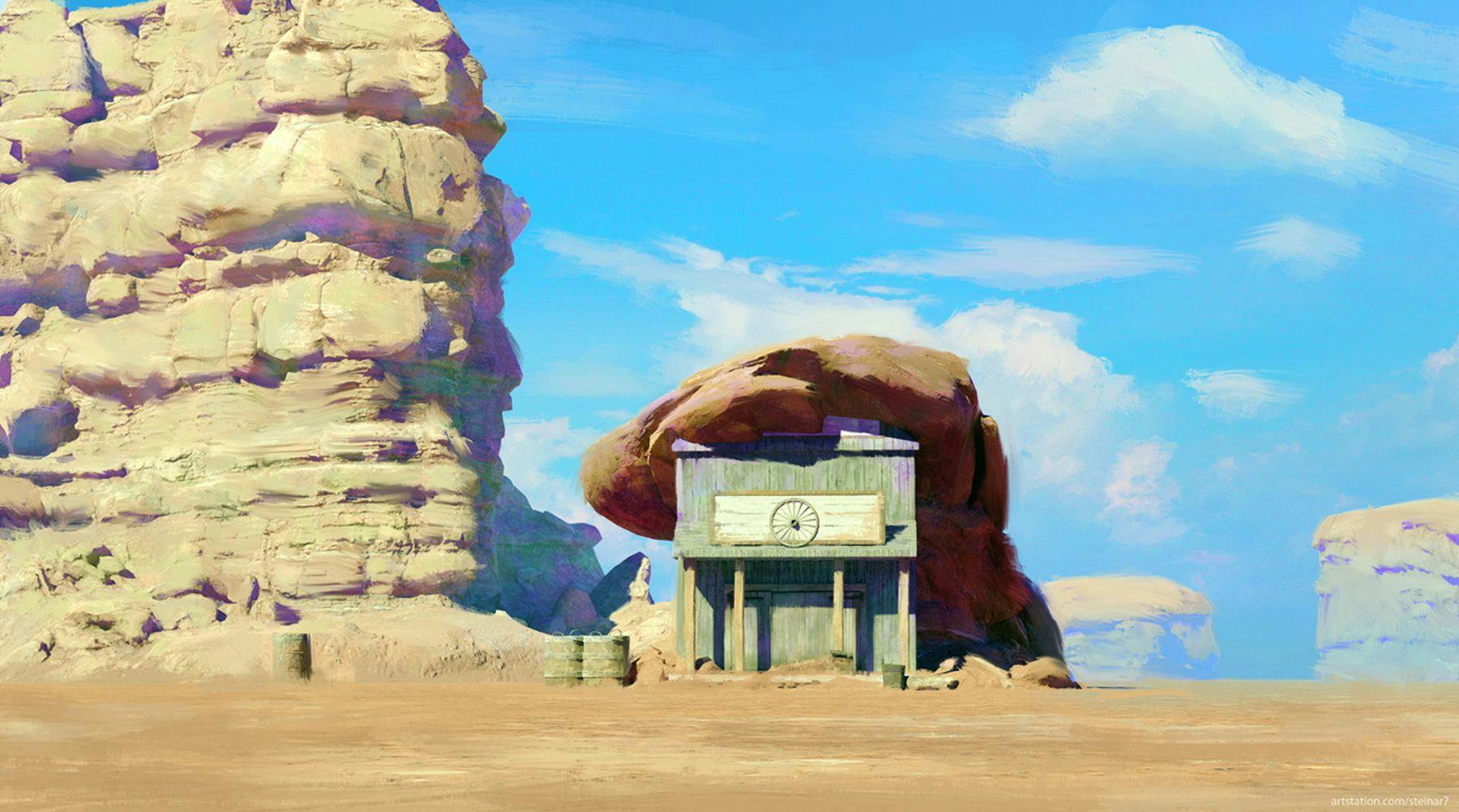 Digital artwork of a wooden hut in a desert. The hut has four pillars and a wheel above the door. The hut is in front of a large boulder and next to an even larger rock formation. The sky is a bright turquoise blue.
