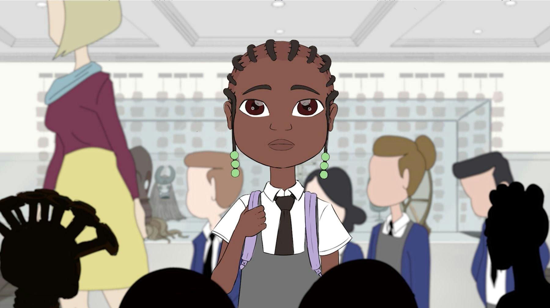 Cartoon of a child wearing a white shirt, dark grey tie and a light grey pinafore. Their hair is back in braids, they have large brown eyes and they stare directly at the viewer.  Other characters appeared blurred behind them.