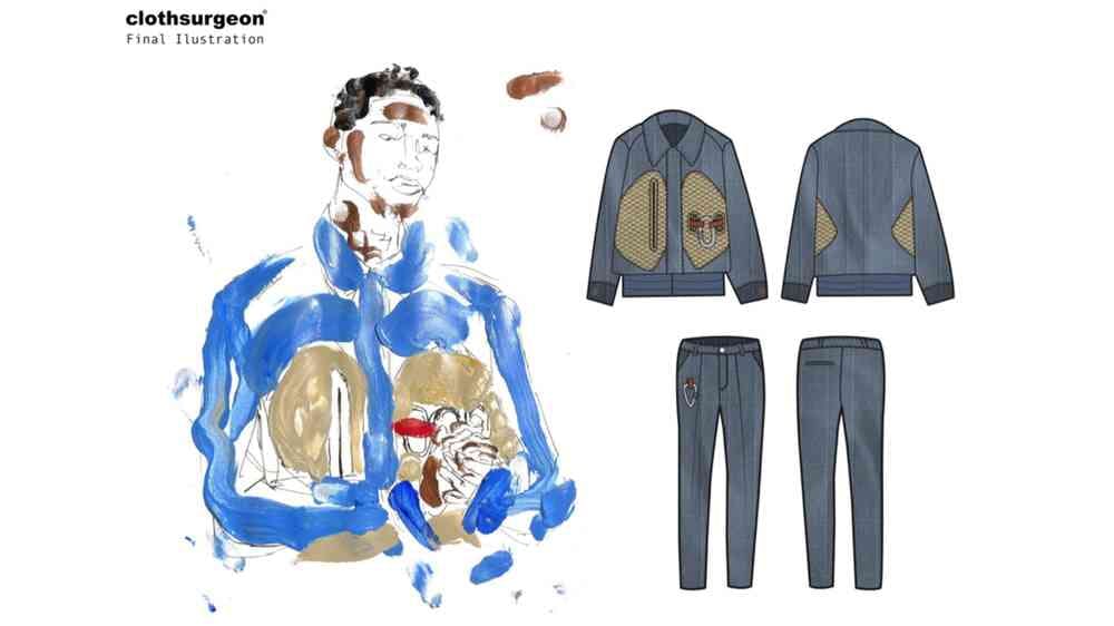 A collection of digital designs and paint drawing featuring a blue jacket with light grey pockets. The digital designs consist of grey suit jackets and formal trousers with a silver carabiner attached. There is light grey material surrounding the jacket pockets.