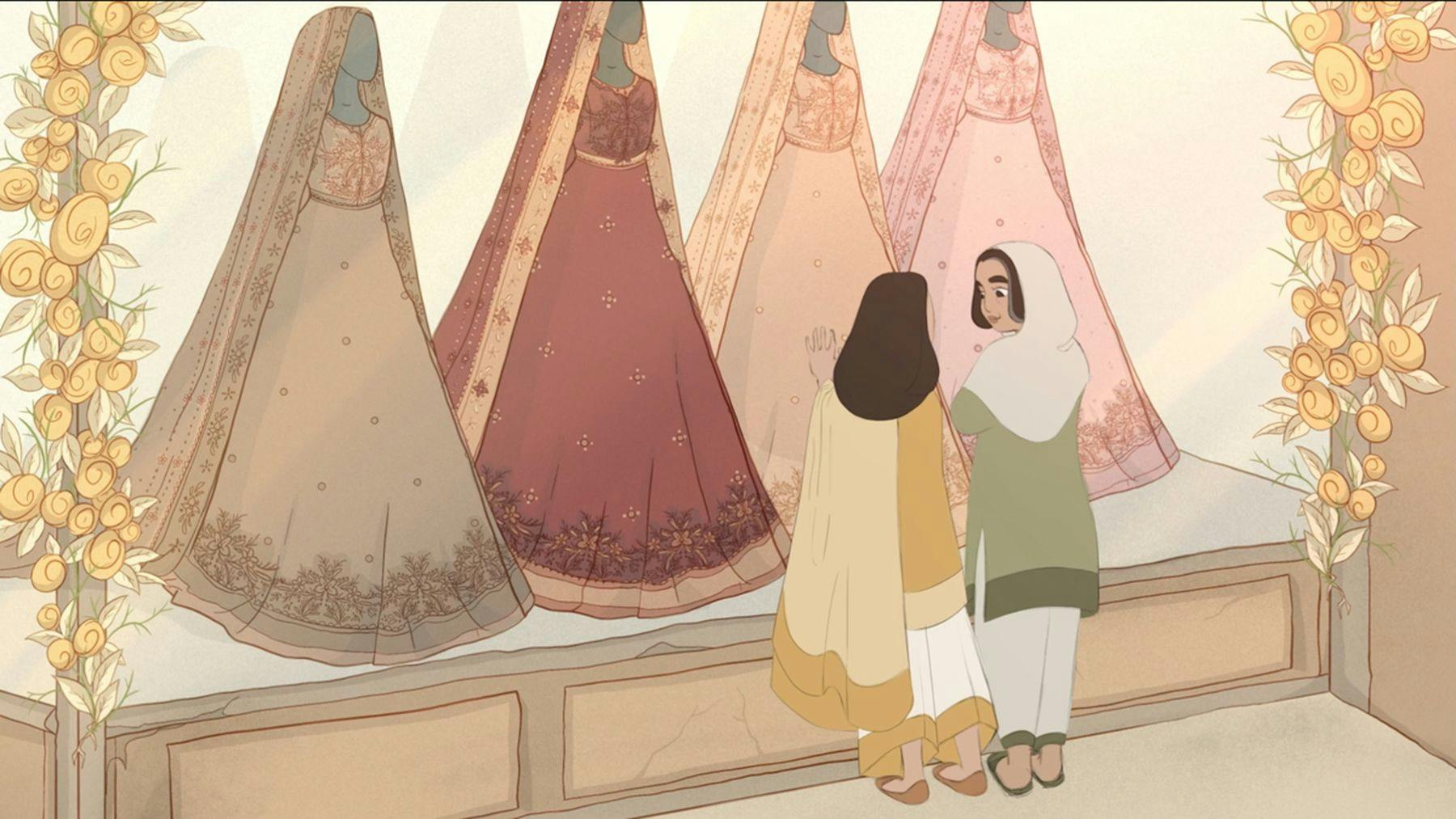 An illustration of two people standing in front of a display of ornate dresses with long bridal veils. One person wearing a headscarf turns to face the other who is facing away from the viewer.