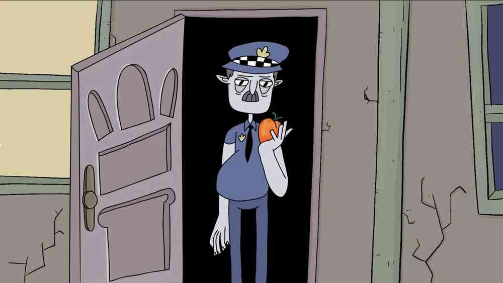 Cartoon of a police officer with a moustache and blue skin, holding an orange. They are standing in the open doorway of a building with cracks in the walls.