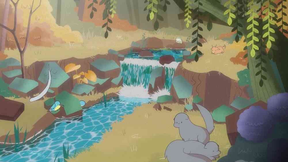 A cartoon of a waterfall, running between rocks and grass, with green leaves in the foreground. Small creatures sit around, including a frog, two birds and two grey creatures with large tails.