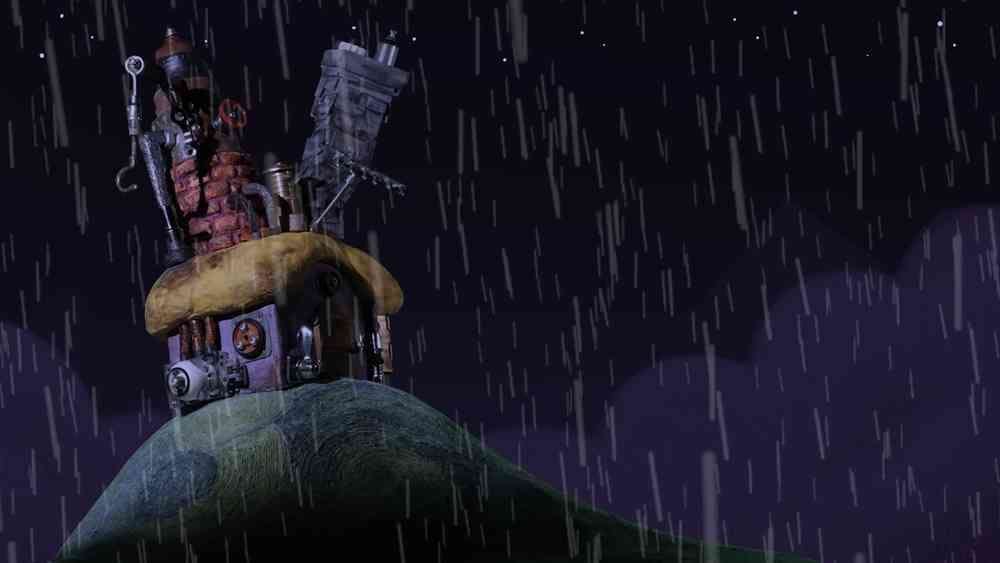 A very dark cartoon of a building on a hill in the rain. The building appears to be made of loose parts, including a rake and a metal hook.