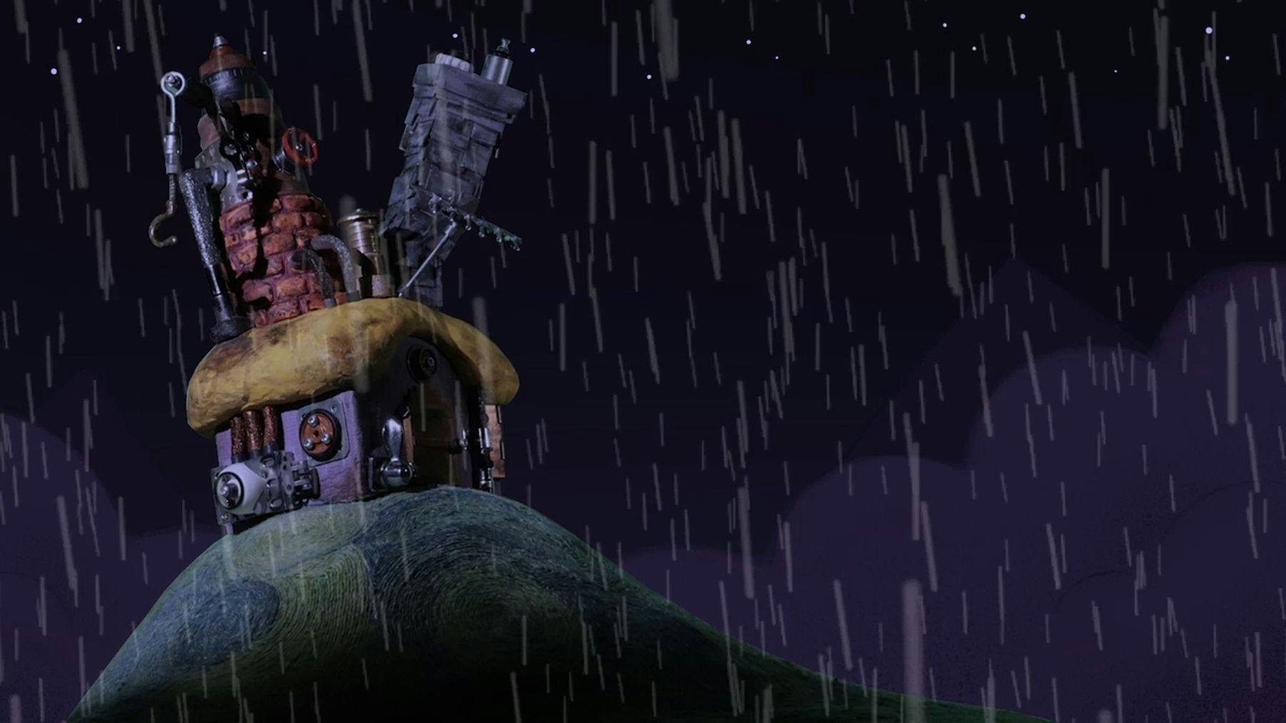 A very dark cartoon of a building on a hill in the rain. The building appears to be made of loose parts, including a rake and a metal hook.