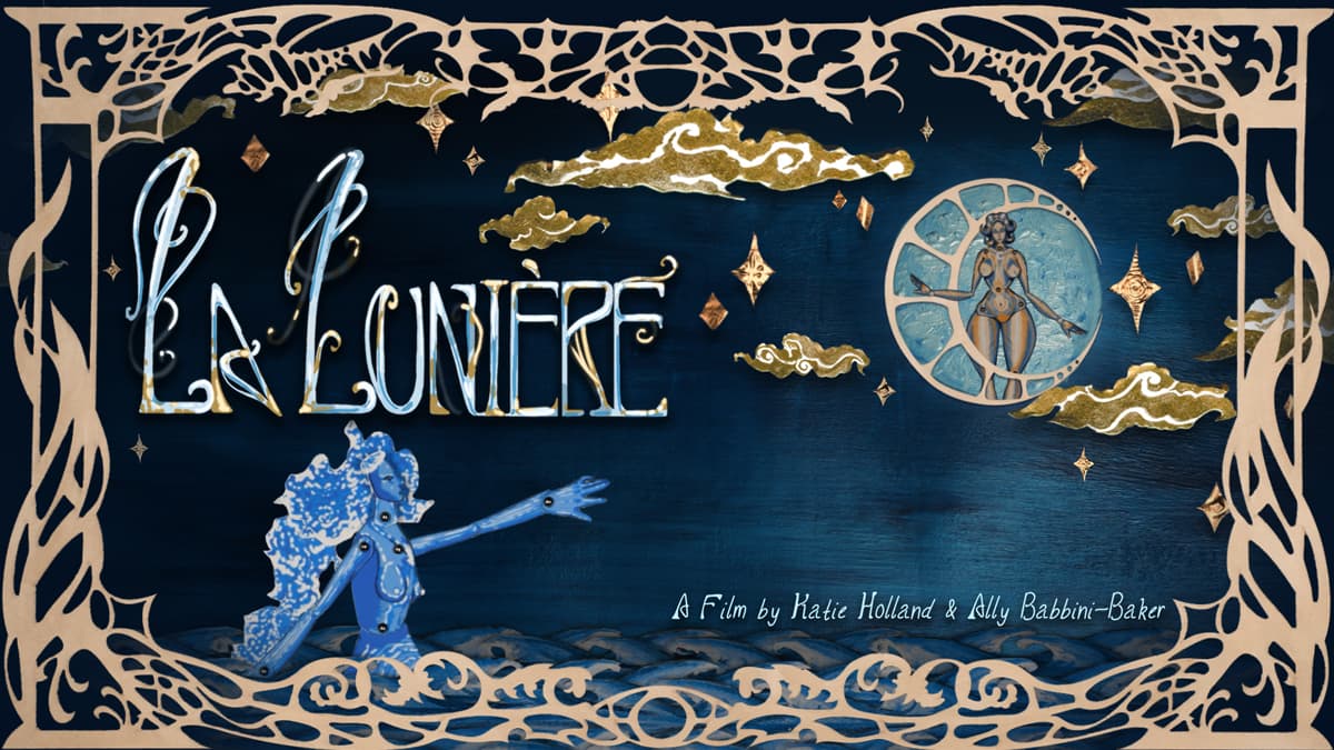 Poster for "La Lunière" featuring a celestial figure, ornate border, and starry sky.
