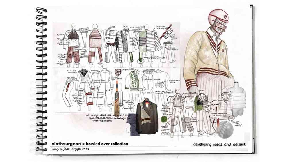 A series of colour sketches titled Clothsurgeon X Bowled Over Collection. Models wear different bowling outfits with attire such as waistcoats, cardigans, suit jackets and trousers. There are collage images of bowling bats and a ball.
