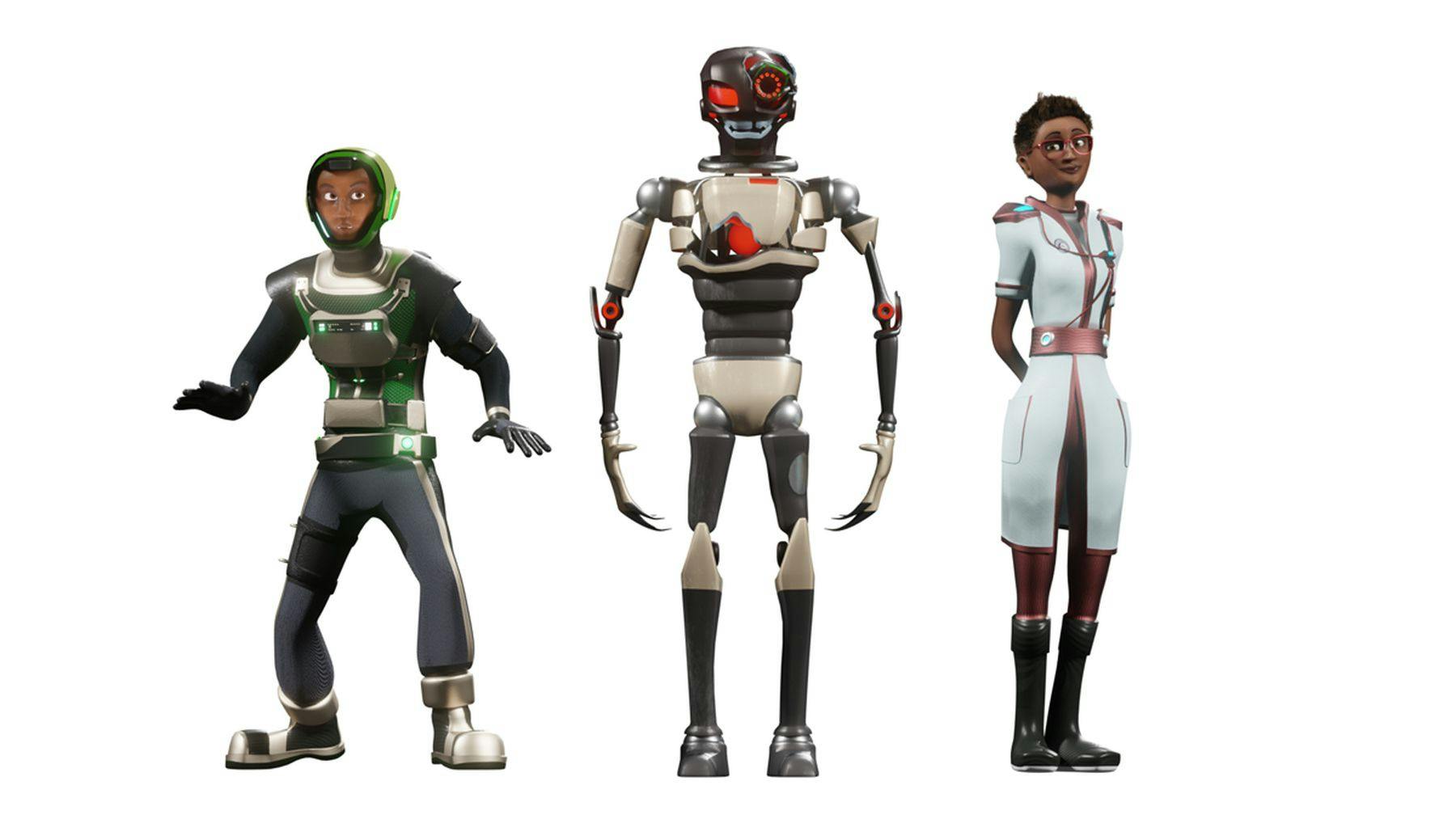 A digital drawing of three characters.. The first character is a person wearing a helmet and body suit. The second is a white and grey robot and the third is a doctor with a stethoscope around their neck.
