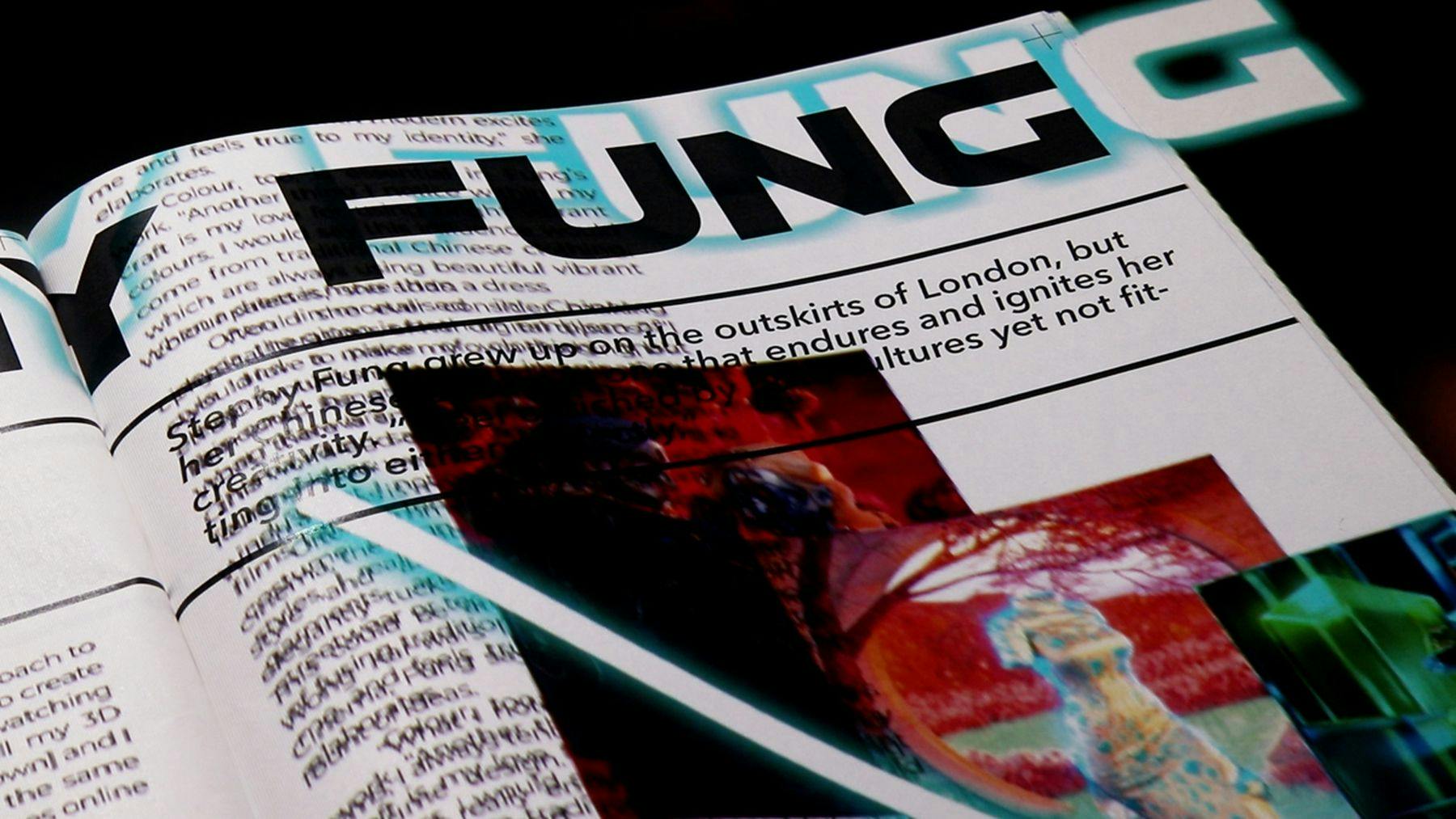 A digital design showing the left-hand corner of a magazine page, part of a title “Fungg” appears. Below are paragraphs of text behind three overlapping images.