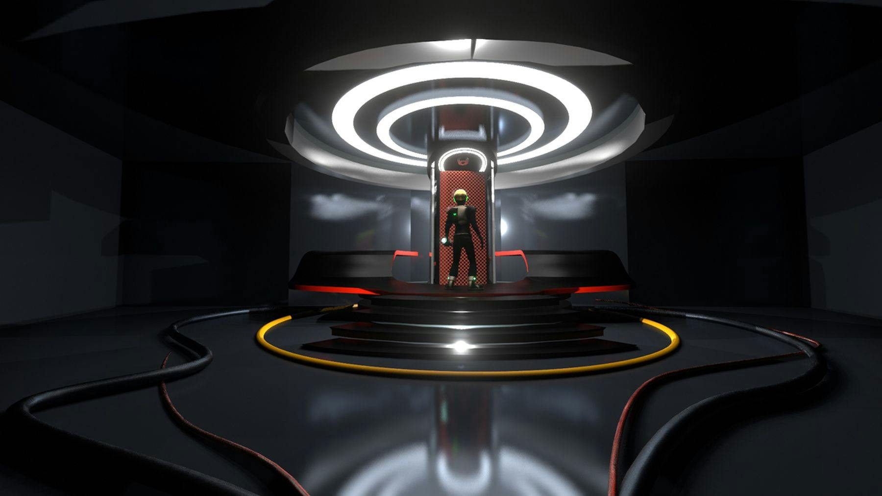 A digital drawing of a small figure stood on a platform in the middle of a large black room. The figure is wearing a bodysuit and helmet and there is a large white circular light above them.
