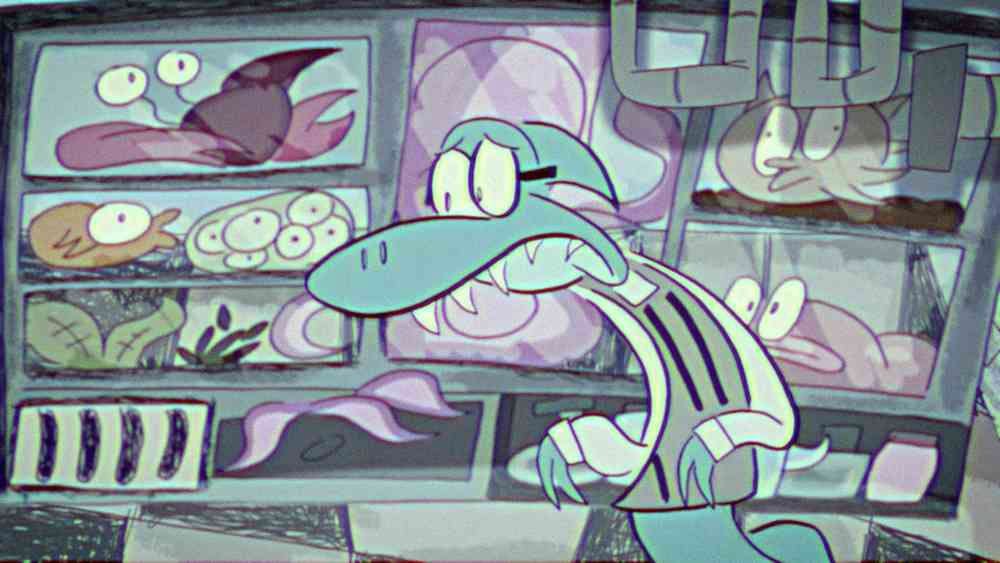 A sketchy cartoon of a sea creature with sharp teeth, wearing glasses and an apron. Other sea creatures are sitting in tanks behind them.