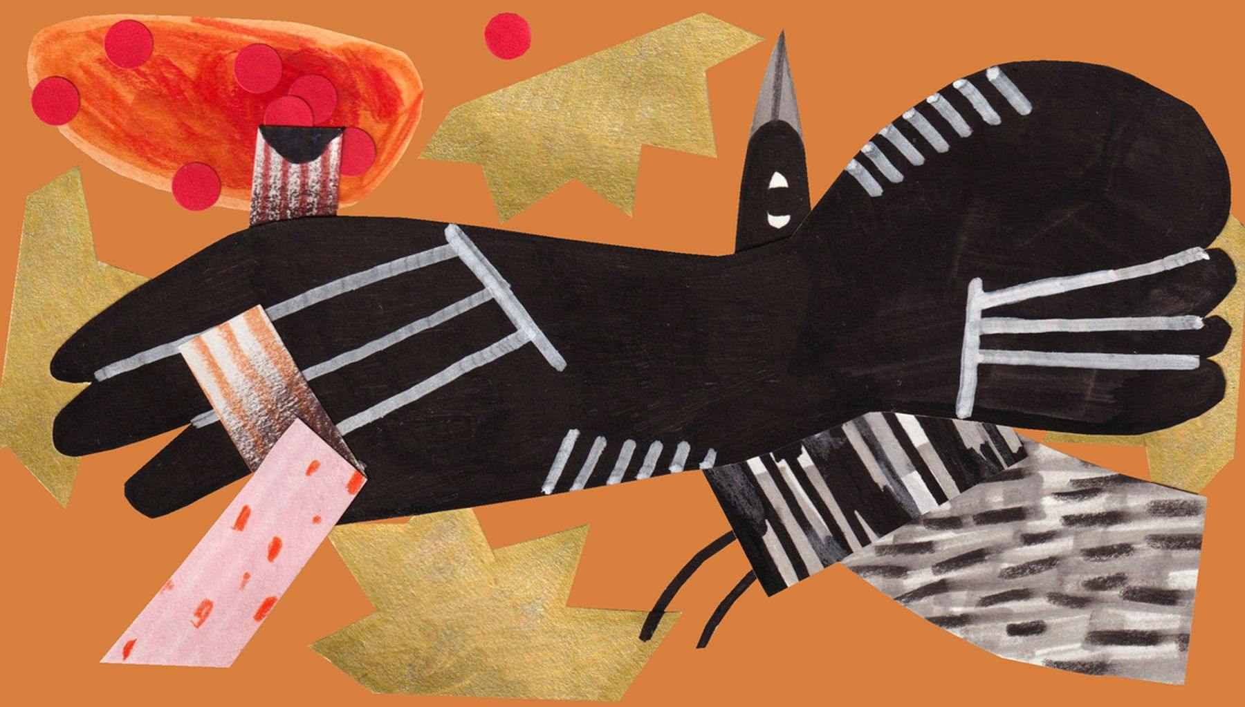 A collage of a black bird with a pink ribbon through their left wing, their beak points upwards. The bird is surrounded by gold zigzag shapes.