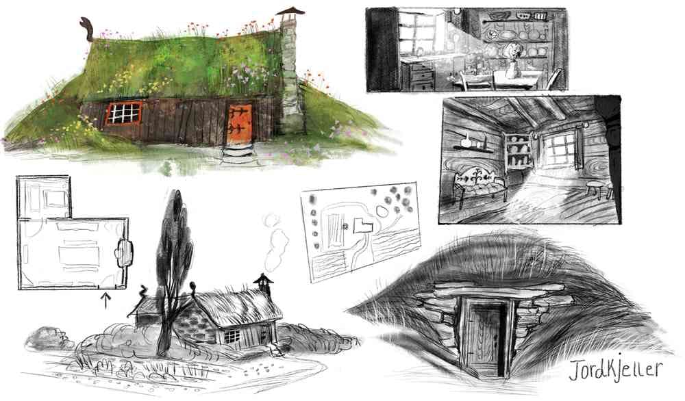 A colour illustration of the exterior of a small wooden house with one orange framed window and an orange door. Grass and small flowers grow over the roof and down the sides of the house. Small black and white pencil sketches show the exterior from a different angle, a close up of the door, and two interior sketches.