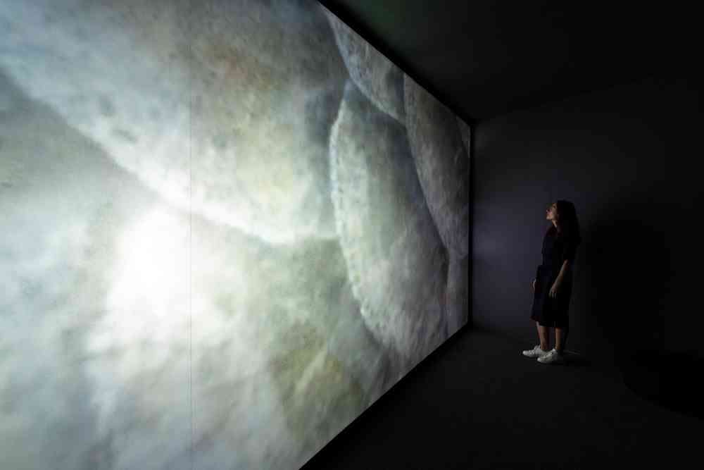 A photograph of a person viewing an image being projected onto a large screen. The image is a close-up of overlapping white formations.