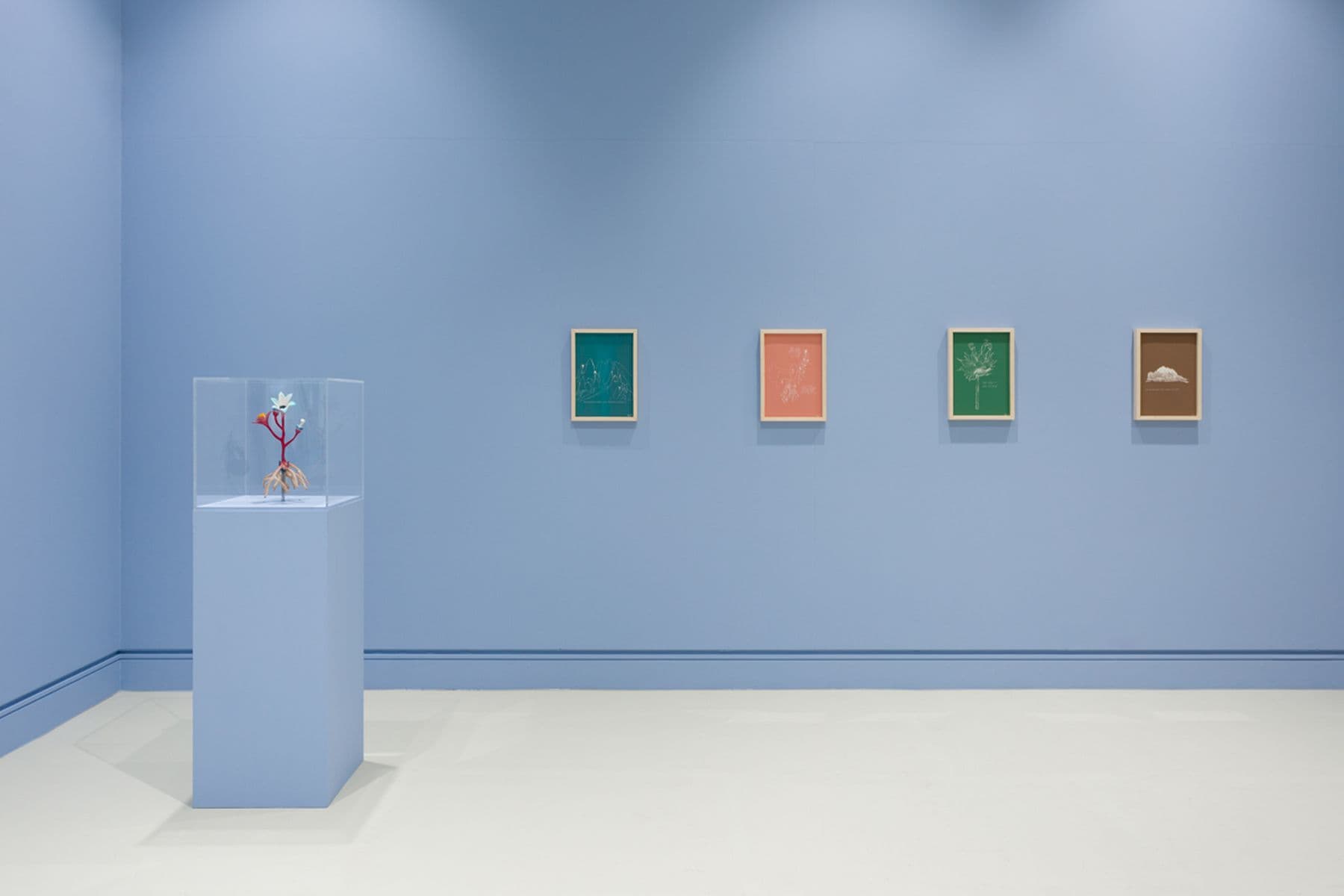 A photograph of a minimal light-blue gallery with a glass-topped pedestal displaying a small colourful flower sculpture and four colourful framed prints on the wall.