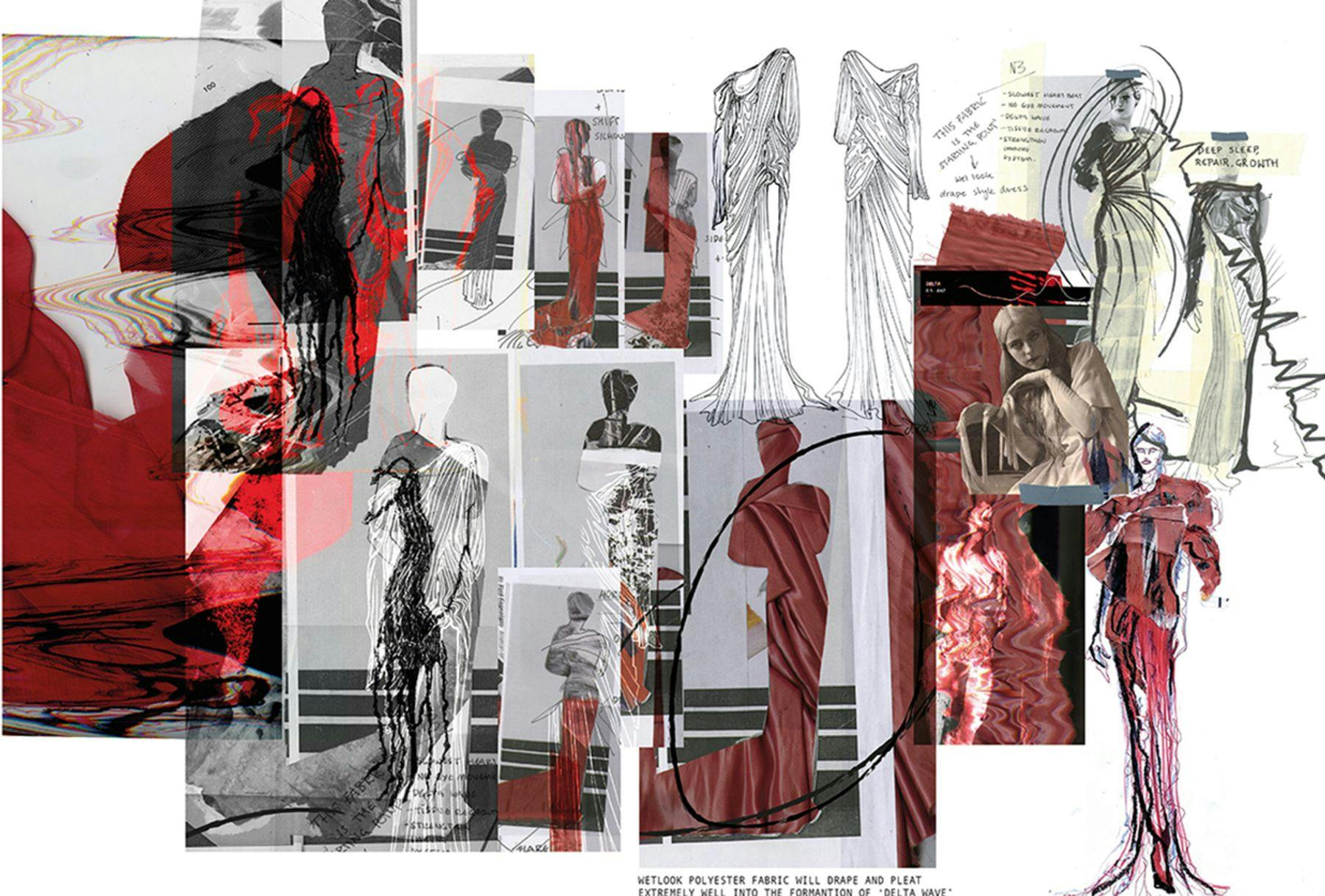 A collection of design images featuring pencil illustrations, colour sketches and photographs. The dresses are draped on the body, are shades of red and grey and consist of different fabrics including wetlook polyester.