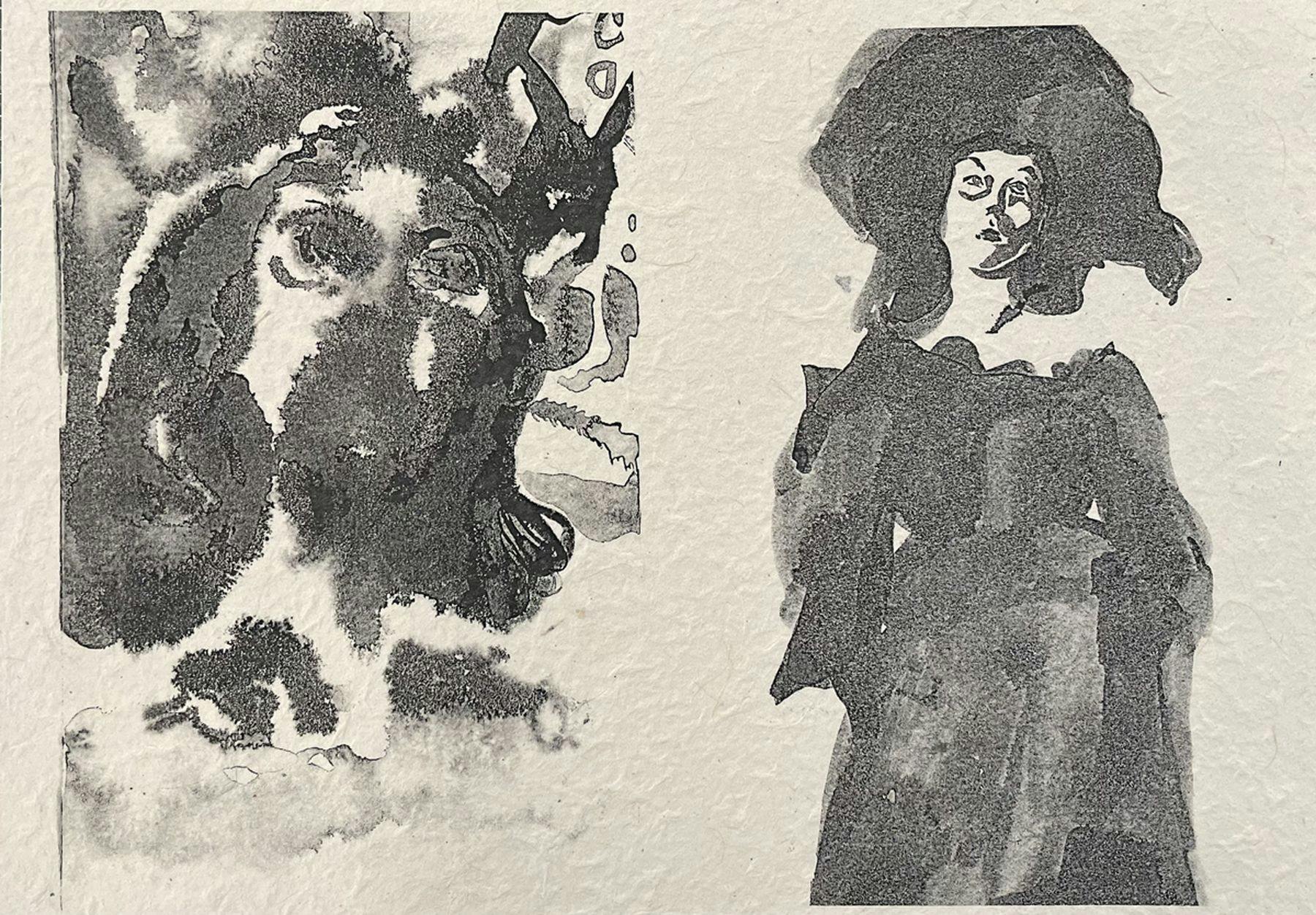 Two painted black illustrations side by side, one of a dog with long ears and the second of a person wearing a hat and a long-sleeved dress. The paintings are on textured paper in a smudged black paint.