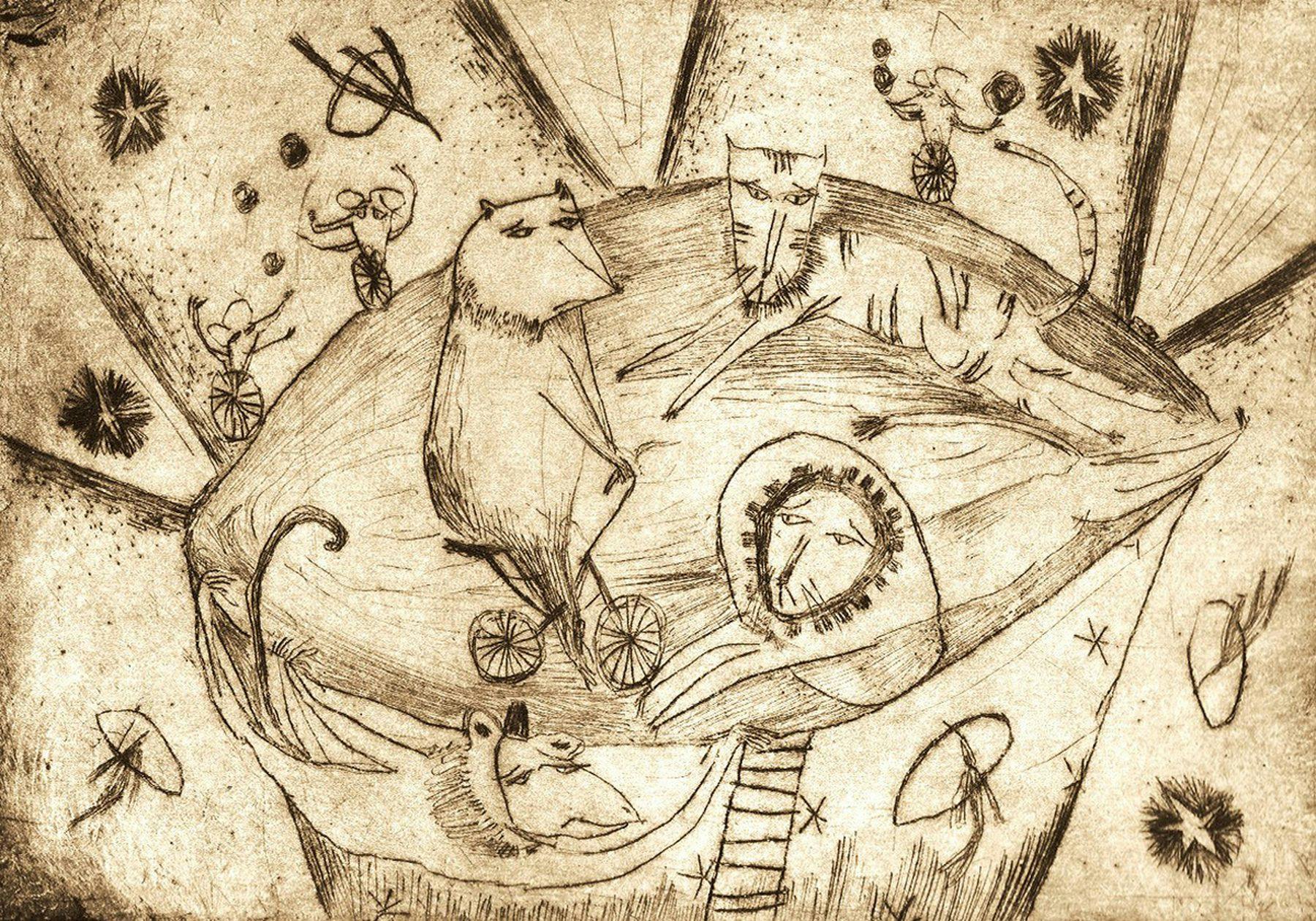 A pencil sketch of different animals including mice, a lion, two badgers and a lion. Some of them are riding on unicycles and bicycles.
