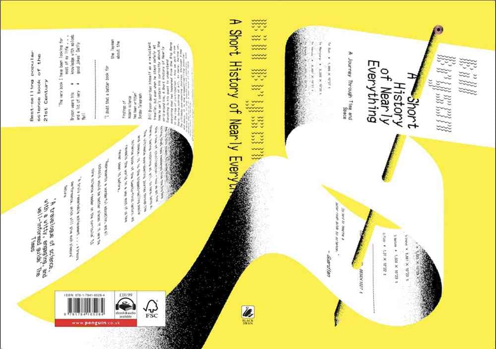 A digital design of a book cover with a yellow background and white receipt roll image with text running horizontally through the cover. The title of the book cover is “A Short History of Everything” and the author’s name is “Bill Bryson”.