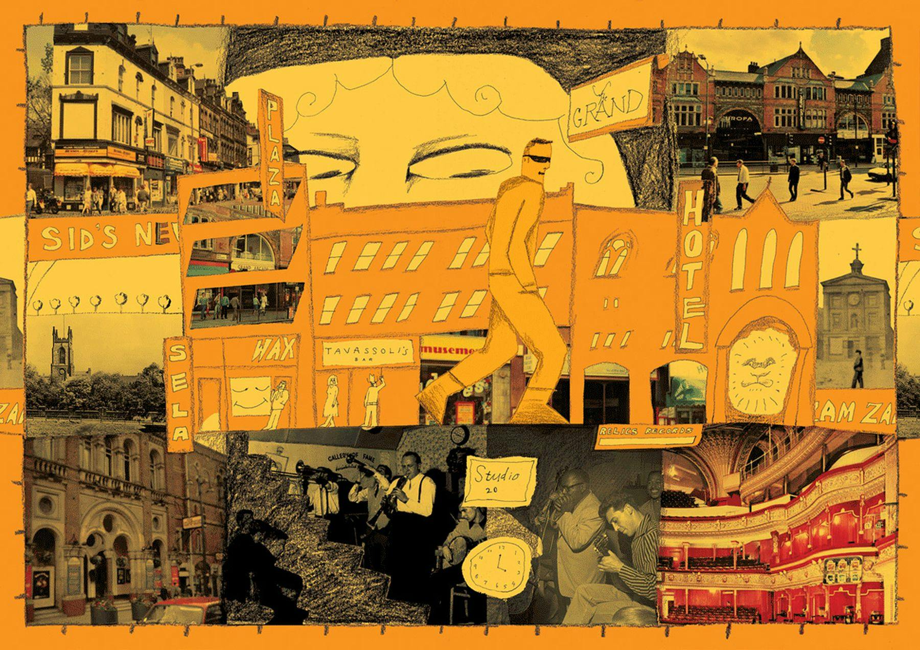 A collage of photographs and drawn images of theatres and other Leeds landmarks. The drawn images consist of sketches, orange is the main thematic colour.