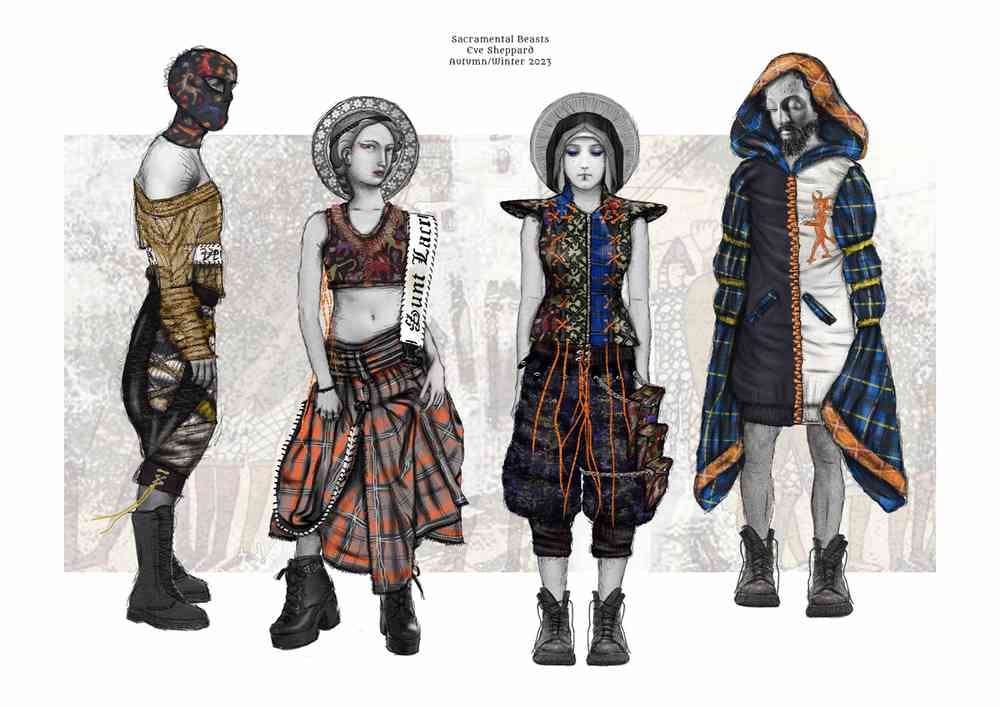 A sketch of four models, wearing black combat boots, titled Sacramental Beasts. The first wears a patterned balaclava, gold jumper and black combat trousers. The second wears an orb headdress, a patterned crop top and a tartan skirt. The third wears an orb headdress with a patterned top featuring a lace-up design and combat trousers. The fourth wears a coat with tartan sleeves and a hood.