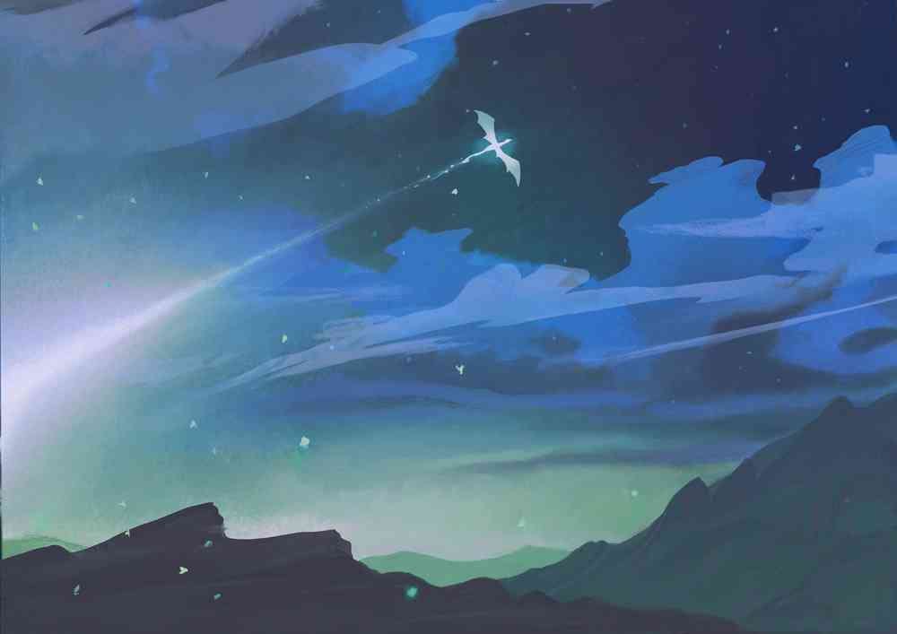 A digital illustration of mountains against a sky of blues and greens. A silvery creature shaped like a dragon is flying through the sky.
