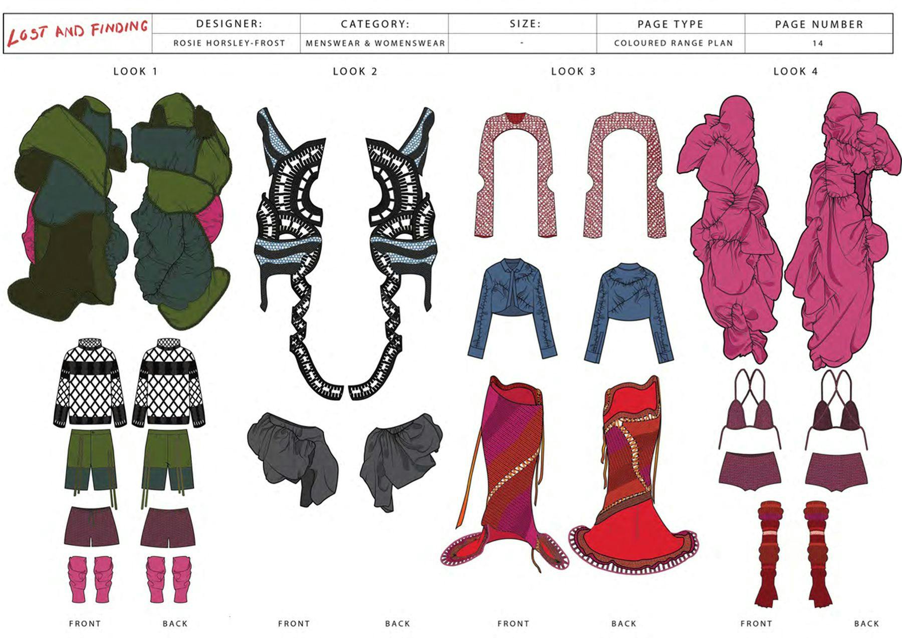 A collection of digital design drawings titled Lost and Finding by Rosie Worsley-Frost. The designs are categorised as menswear and womenswear. Items include jumpers, shorts, bikinis, shorts, jackets, crop tops with long sleeves and full-length skirts. The main colour schemes include green, red, fuchsia, blue, grey and monochrome.