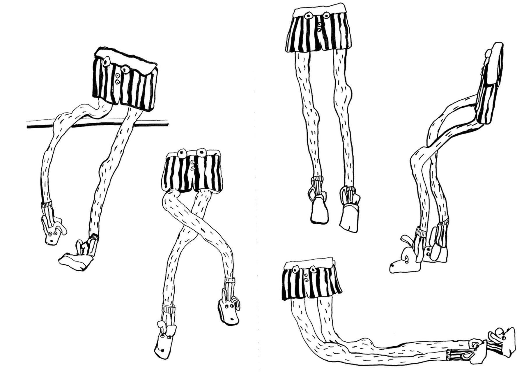A black and white pen illustration of hairy legs dressed in boxers shorts with eyes.  There are five with each pair of legs posed in different positions.