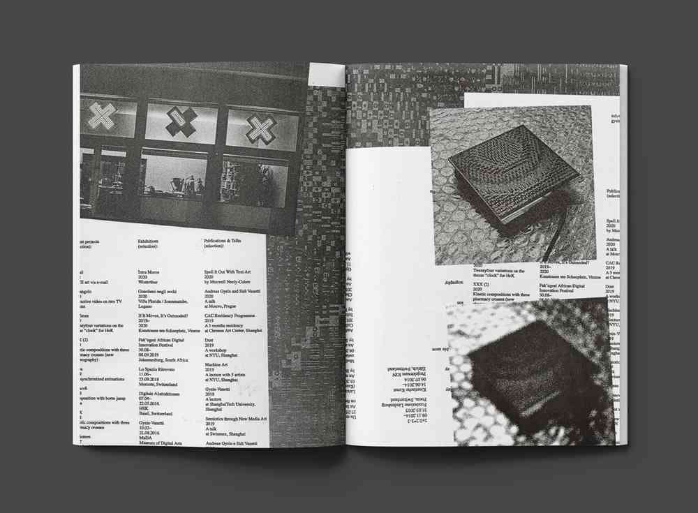 A digital monochrome brochure design, the first page has text with a photograph of a window at the top. The second has two larger images containing a patterned square object. On both pages there is a series of text in a small font.