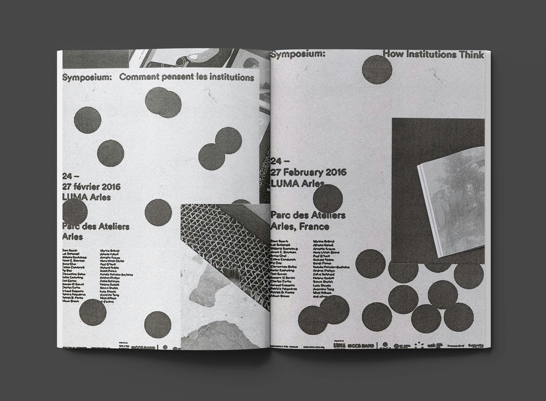 A digital monochrome brochure design with mainly white pages featuring black polka dots. There are lists of small text with the title “Parc des Ateliers Aries, France”.