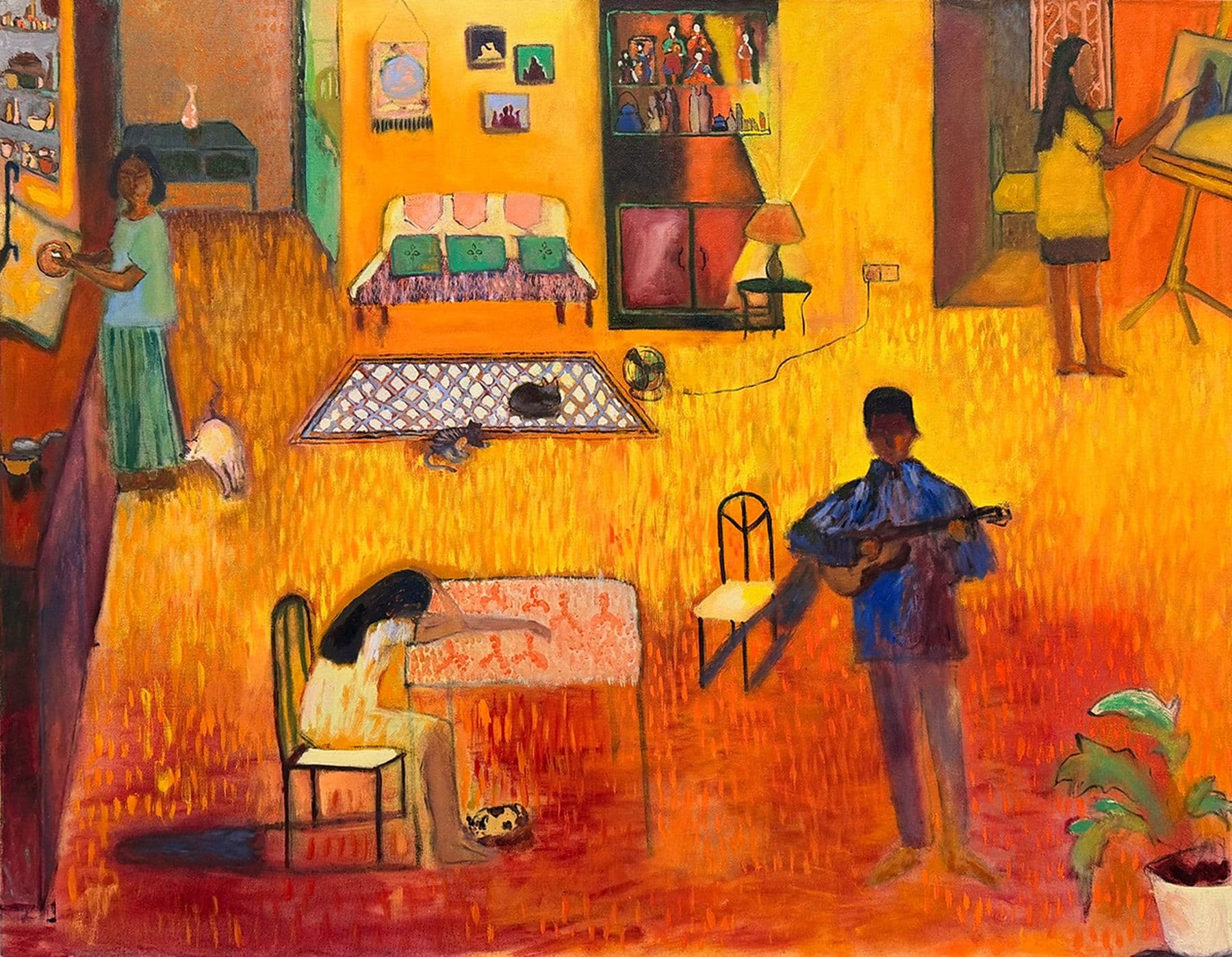 A colorful, abstract painting of a room with people engaging in different activities: painting, playing music, resting, and working in the kitchen.