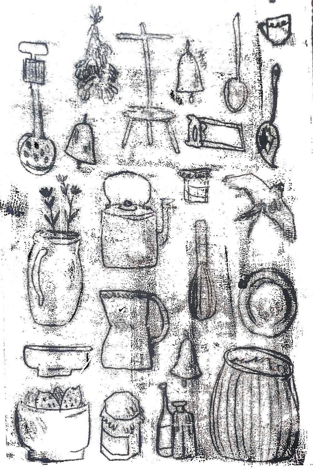 A series of charcoal sketches of household items including a kettle, jug, spoon, jam, bowl, saw, bell and a teacup.