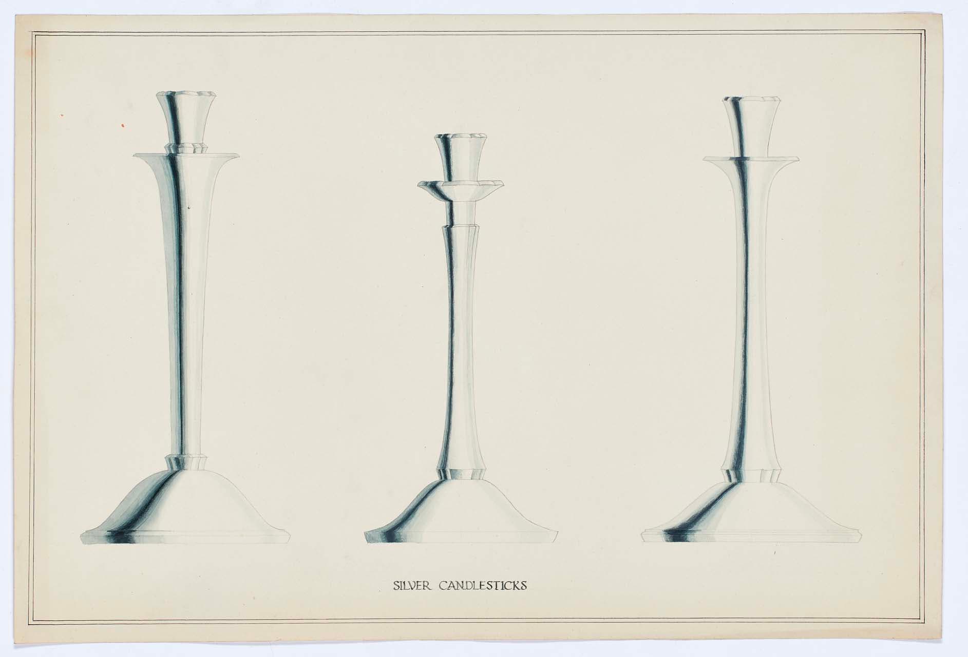 Illustration of three silver candlesticks with varying designs, sketched on a neutral background.