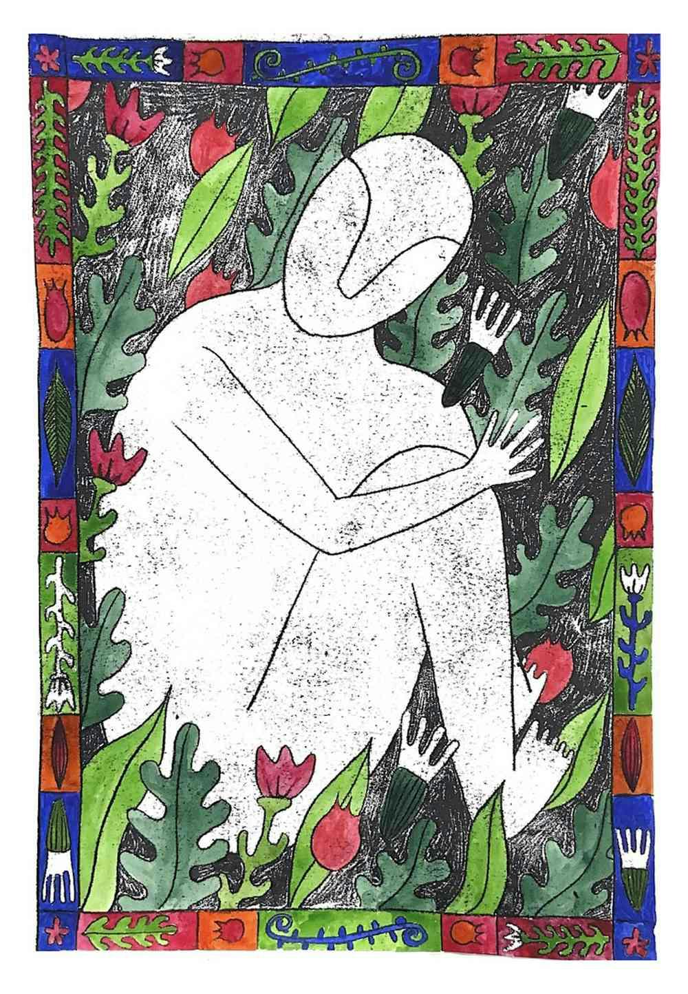 A hand drawing of a white figure sat down surrounded by green leaves and red tulips. The drawing has a blue, red and green border with flower and leaf patterns.